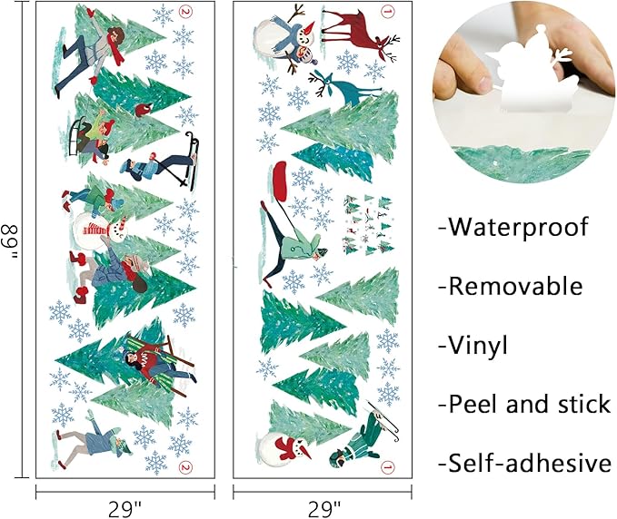 Mfault Winter Skiing Sports Wall Decals Stickers, Pine Tree Skier Snowman Reindeer Snowflake Decorations Bedroom Art, Christmas Seasonal Home Living Room Kitchen Decor
