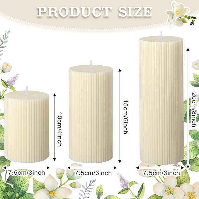 Ribbed Pillar Candles Set of 3, Width 3" High 4" 6" 8" Large Soy Wax Orchids Scented Pillar Candles Aesthetic Ribbed Modern Home Decor for Bathroom Living Room(Cream)