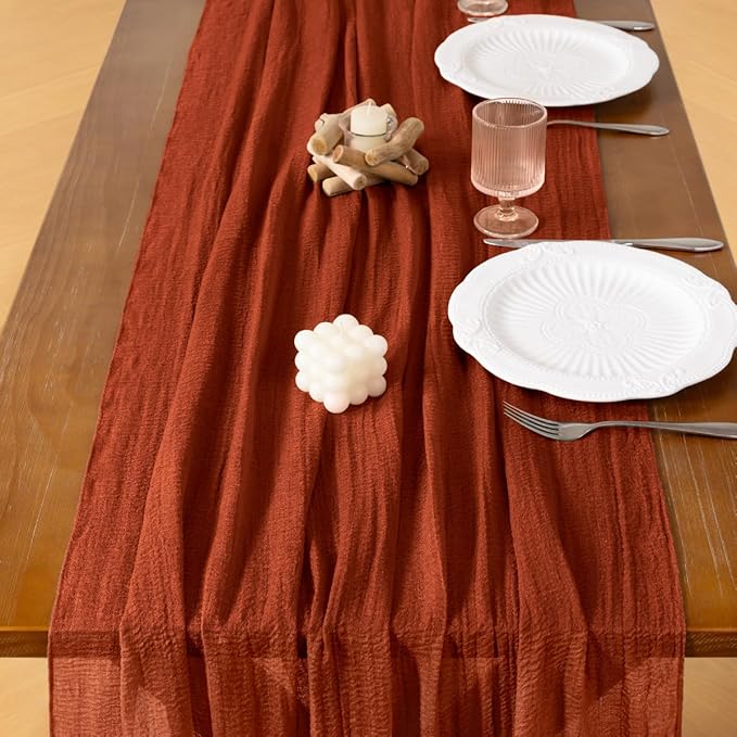 Socomi Terracotta Cheesecloth Table Runner Valentine's Day Gauze 120 Inch Rustic Boho Cheese Cloth Runner for Wedding Party Baby Bridal Shower Centerpiece Decoration Holiday Home Decorations