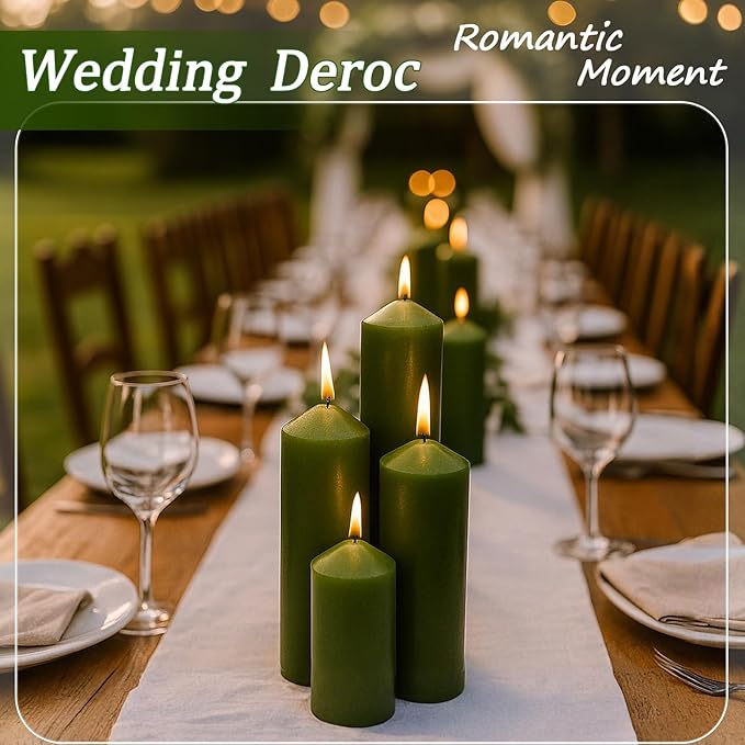18 Pcs Green Pillar Candles Bulk Set，Hurricane Candles，3 Different Lengths (6 Each)，Dripless Unscented Smokeless，Gives You a Better Atmosphere When Organizing Wedding or Event Party.