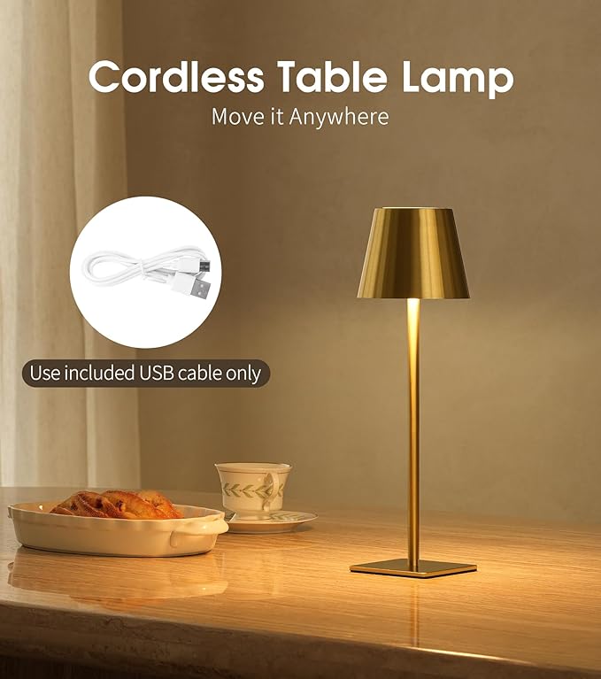 UME 6 Pack Cordless Table Lamp, Battery Operated Lamp - Portable Waterproof Rechargeable Table Lamp w/ 3 Color Temps & Stepless Dimming for Dinner, Desk, Cafe, Outdoor (Brushed Gold)
