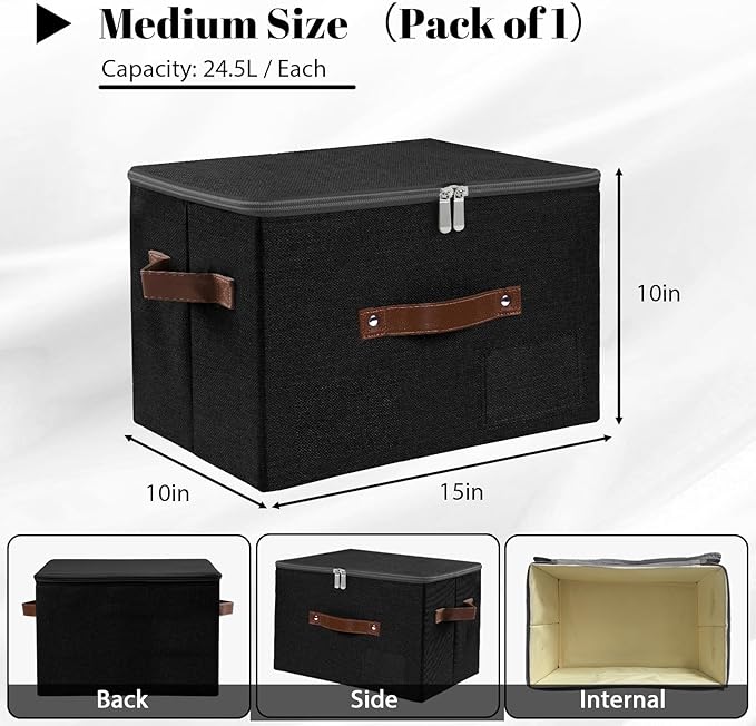 ANMINY Storage Bins with Zipper Lid Storage Boxes with Label Holder PU Leather Handles Washable Foldable Decorative Lidded Cotton Linen Fabric Cubes Baskets Closet Organizer - Black, Medium