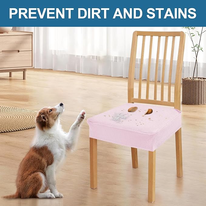 Smiry Waterproof Seat Covers for Dining Room Chairs Set of 8, Stretch Jacquard Removable Washable Chair Seat Slipcovers Protector, No Rear Covers, Pink