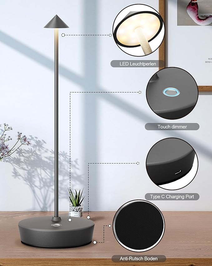 Cordless Table Lamps Rechargeable, 6000mAh Battery Operated LED Desk Lamp Outdoor Waterproof Portable Touch Dimmable Table Light for Patio Restaurant Dining Home Grey