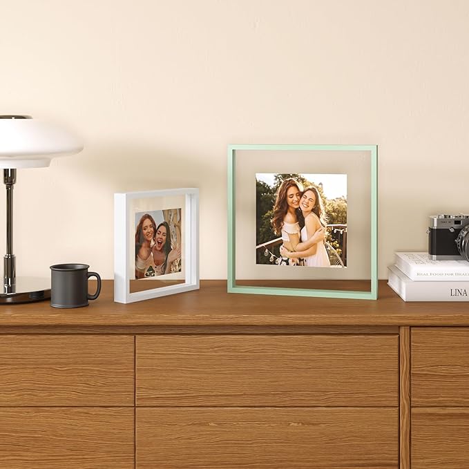 Egofine 8x8 Floating Frames Set of 2, Double Plexiglass Picture Frame, Made of Solid Wood Display Any Size Photo up to 8x8, Wall Mount or Tabletop Standing, Green