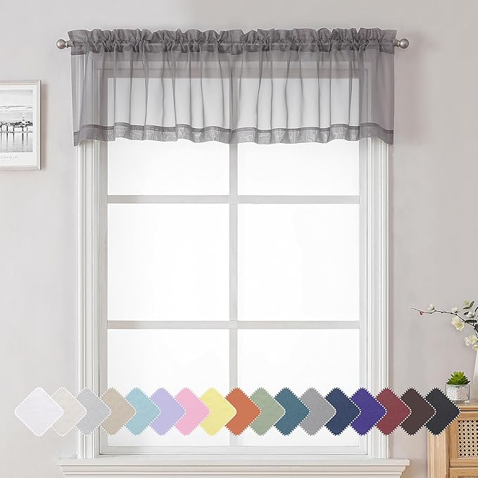 Lecloud Charcoal Grey Sheer Curtains 14 Inch Length 2 Panels Set, Light Reducing Short Window Valances for Living Room Bedroom, Gray Kitchen Curtains with Dual Rod Pockets, 40" W x 14" L