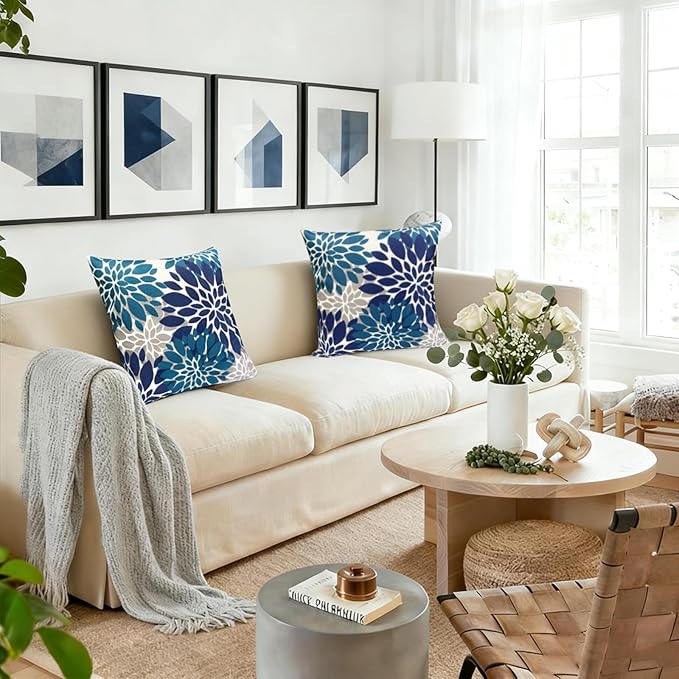 Decorative Throw Pillow Covers Set of 2 Blue Pillow Covers 18x18 Inch Couch Pillow Covers for Sofa Living Room Outdoor Throw Pillow Cover Linen Square Floral Flower Farmhouse Pillowcase