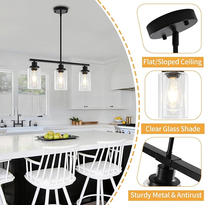 Modern Island Lights for Kitchen Black Dining Room Light Fixtures Over Table 3-Light Farmhouse Linear Chandelier Clear Glass Kitchen Lights Ceiling Adjustable Hanging Pendant Lighting Over Island