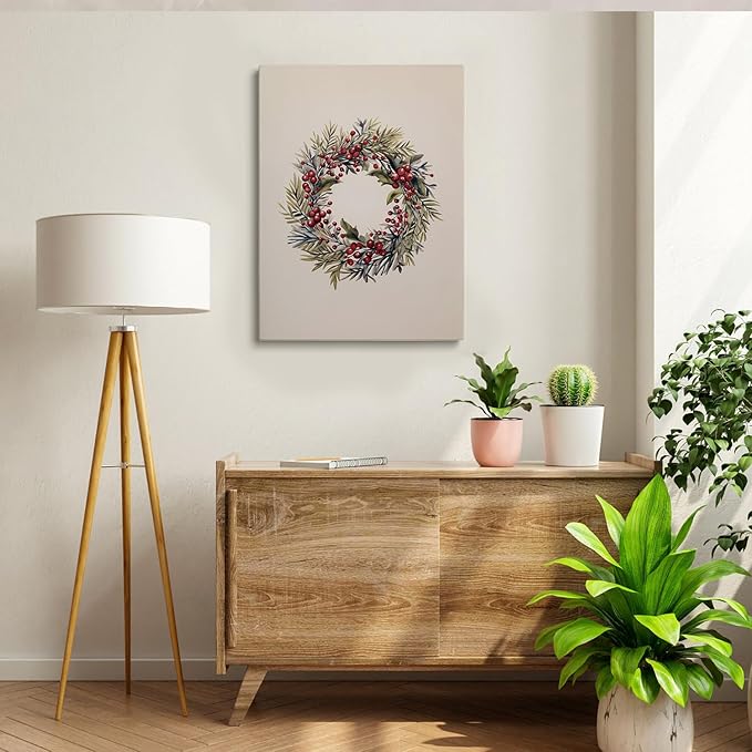 Festive Holiday Decor: Vintage Christmas Wreath Drawing, Rustic Christmas Wall Art, 12x16inch Framed Art for Fireplace, Farmhouse Home Decor