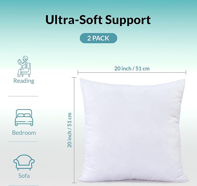 ROYALE LINENS 20 x 20 Pillow Insert - Down Alternative Throw Pillows Insert - Square Pillow Pack of 2 White - Bed & Couch Pillows - Inner Cushion for Bed, Cushion for Living Room - Shams Stuffer
