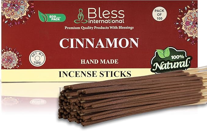Bless-Cinnamon 100%-Natural-Handmade-Hand-Dipped-Incense-Sticks Organic-Chemicals-Charcoal-Free Purification-Relaxation-Positivity-Yoga-Meditation Best-Woods-Scent (100 Sticks(5.25 OZ))