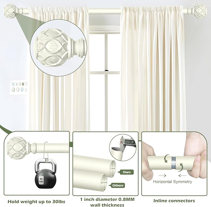 White Curtain Rods for Windows:Farmhouse Boho Decorative Curtain Rod for Bedroom Living Room,Heavy Duty Adjustable Rustic Drapery Rods with Vintage Coastal Texture Finials,Antique White 66-120"