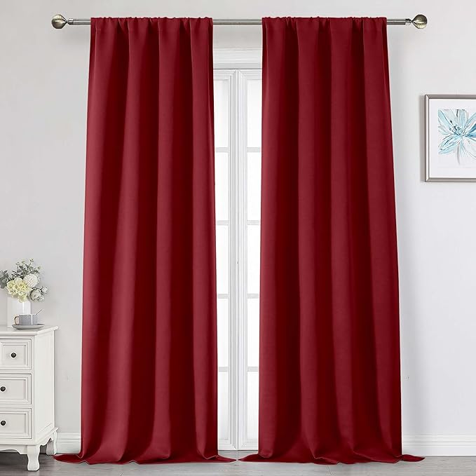 Red Blackout Curtains for Bedroom Living Room 96 Inches Long 2 Panels, Soft Solid Room Darkening Thermal Insulated Window Treatments, Modern Rod Pocket Curtain, Red, Each 40" Wx96 L
