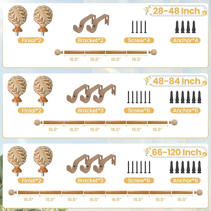 Imitation Wood Grain Curtain Rod for Windows 28 to 48 Inches: 1 Inch Heavy-Duty Adjustable Decorative Curtain Rod With Rustic Leaf Finials for Bedroom & Living Room