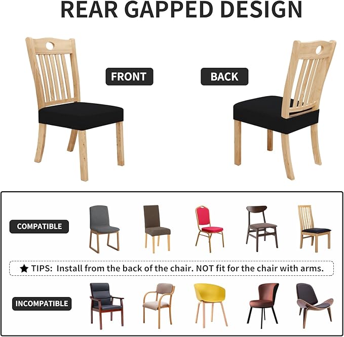 Easy-Going 100% Waterproof Seat Covers for Dining Room Chairs, Stretch Jacquard Chair Seat Slipcovers Removable and Washable Kitchen Dining Chair Covers (Set of 2, Black)