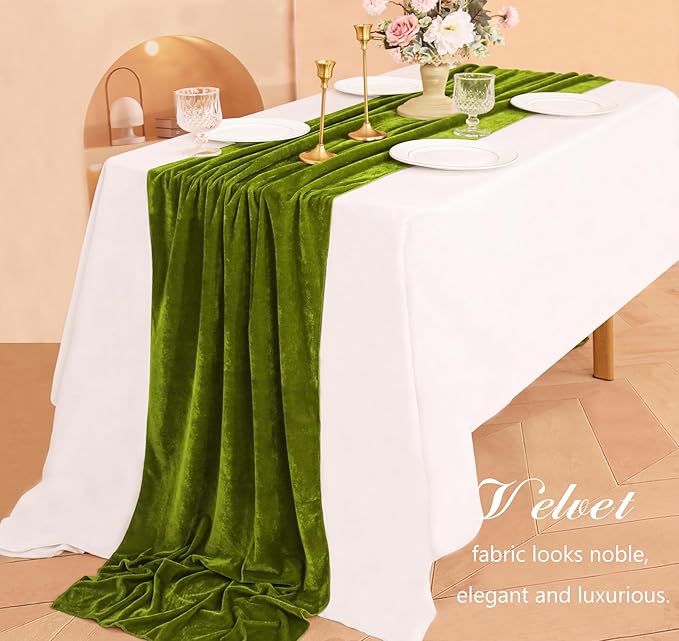 Velvet Table Runner 20 x 120 Inches 10ft Luxurious Thick Soft Velvet Christmas Thanksgiving Wedding Reception Table Runner for Party Reception Decorations(Olive Green, 6 Pack)