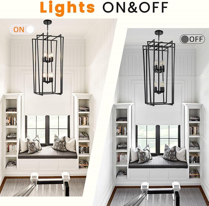 8-Light Tiered Lantern Pendant Light Fixtures,Large Foyer Chandeliers for High Ceilings,Industrial Foyer Lighting Fixtures,Long Chandeliers for High Ceilings,Farmhouse Chandelier for Entryway, Black