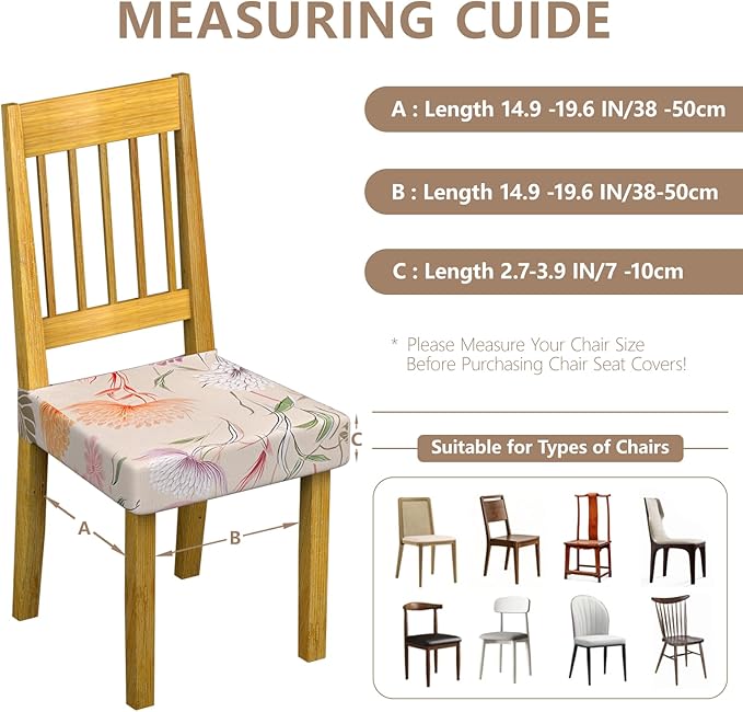 Stretch Dining Chair Seat Covers Set of 6,Dining Chair Slipcovers, Floral Printed Chair Covers,Soft Fabric Washable Upholstered Chair Seat Protector, No Rear Covers for Home Kitchen Dining Room