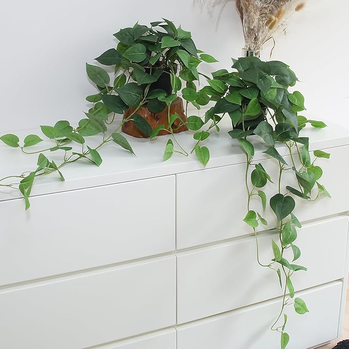alyptus Fake Pothos Hanging Plants – 33" Set of 2 Faux Ivy Vines with Pots, Realistic Silk Devil’s Ivy for Indoor Décor, Low Maintenance Artificial Greenery for Home or Office (Green)