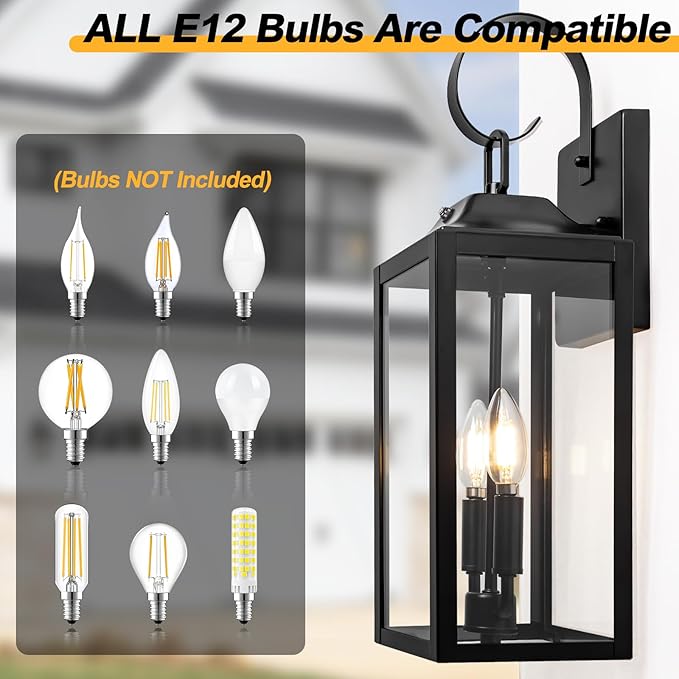 Black Dusk to Dawn Outdoor Wall Lantern 2-Light, 19" Large Outside Modern Wall Sconce Light Fixture, Industrial Porch Light Wall Mount with Glass, Waterproof Farmhouse Exterior Lamp Lighting, 2 Pack