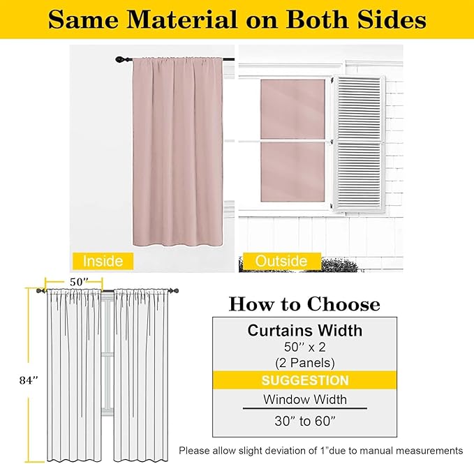 Blush Blackout Curtains 84 Inches Long 2 Panels Set, Soft Solid Thermal Insulated Room Darkening Curtains for Bedroom Living Room, Rod Pocket Drape, 50" Wx84 L