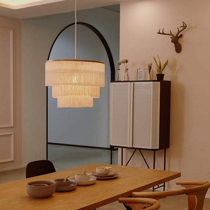 GLOBE Electric x Novogratz 61093 1-Light Pendant Light Fixture, Matte Gold, White Fabric Fringe Shade, Living Room Pendant Light, Dining Room Fixture, Hanging Lights for Bedroom, Hygge Lighting