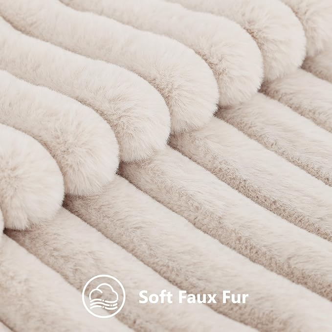 decorUhome Faux Fur Christmas Throw Pillow Covers 16x16 Set of 2, Decorative Soft Plush Striped Neutral Couch Euro Pillow Covers with Velvet Back for Sofa, Bed, Living Room Home Decor, Beige