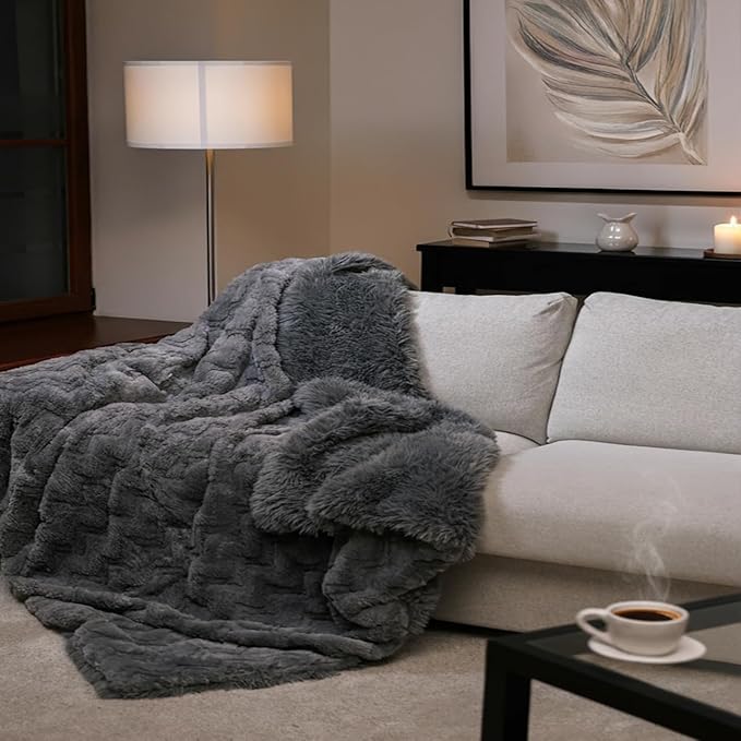 Mon Chateau 60" x 70" Hearthside Faux Fur Throw Blanket, Reversible Soft Blanket for Queen-Size Bed, Couch, or Sofa, Cozy Home Decor and Stylish Living Room Comfort, Winter Cream (Fog Stone Jacquard)