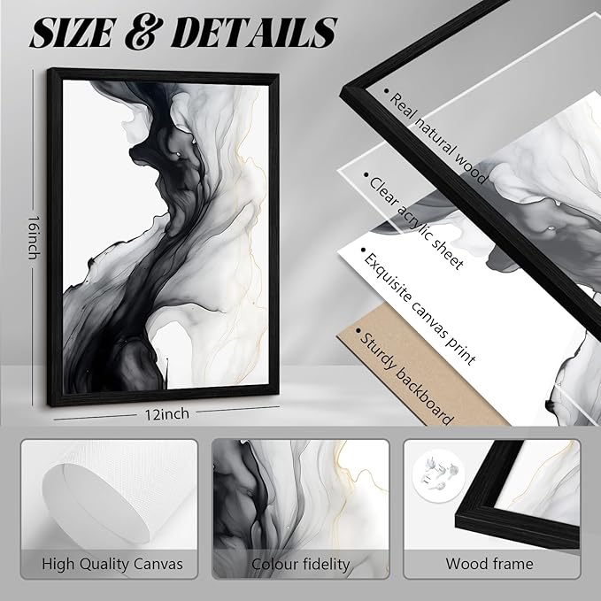 Black White Abstract Wall Art Decor Set of 3 Modern Wall Art Minimalist Canvas Wall Decor Black White Abstract Prints Modern Pictures Minimalist Artwork for Room Bedroom 12x16 Inch Framed