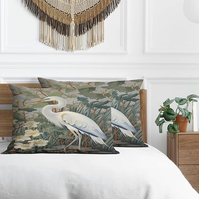 Heron Pillow Protectors with Zipper Standard Size William Morris Pillow Covers Set of 2 Rustic Bird Animal Pillowcases Chinoiserie Vintage Nature Floral Botanical Bed Pillow Covers 24"X12"