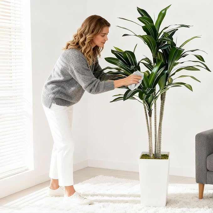 Artificial Dracaena Tree 5FT with White Tall Planter - Faux Tree Tall Fake Floor Plant in Pot-Artificial Plants Indoor for Home Office Living Room Décor (Dracaena 5ft)