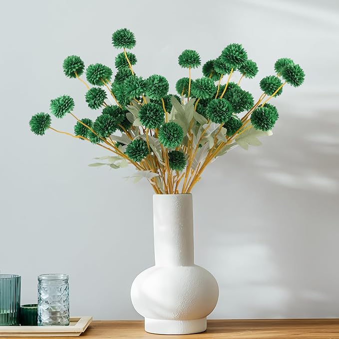 Hananona 12 Pcs Artificial Chrysanthemum Flowers, Green Kiku Pom Pom Mums Flower Faux Floral Arrangements Centerpiece for St Patrict Day Home Kitchen Decor (12, Blackish Green)