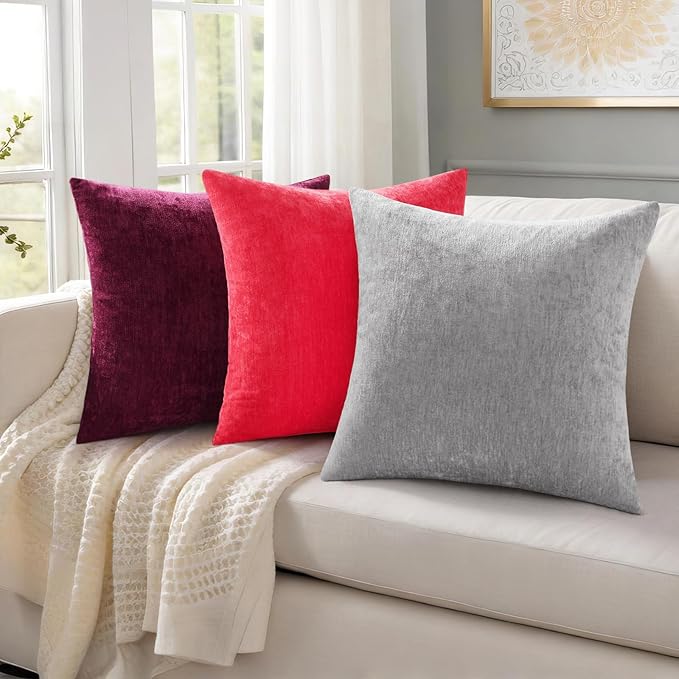 decorUhome Chenille Grey Christmas Throw Pillow Covers 16x16 Inch Set of 2, Decorative Soft Couch Pillow Covers Solid Dyed Accent Farmhouse Neutral Square Pillow Cases for Sofa
