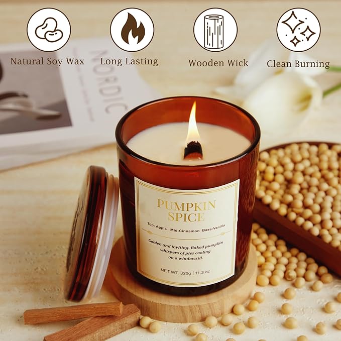 Fall Candle Gift Set –2 Pack Wood Wick Pumpkin Spice Scented Candles,22.6 oz Natural Soy Wax Candles with Gift Box,Long Lasting Autumn Candles for Home Decor,Thanksgiving & Halloween Gifts for Women
