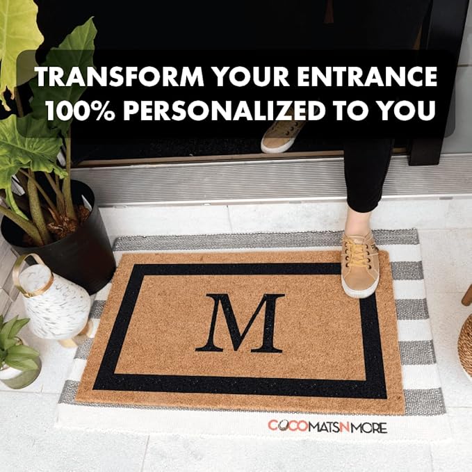 Coco Mats 'N More Black Single Bordered Monogrammed Coco Doormat 18" x 30" with Vinyl Backing | Personalized Door Mat for Home Entrance | Tough Coir Bristles Cleans Dirtiest Shoes | Housewarming Gifts