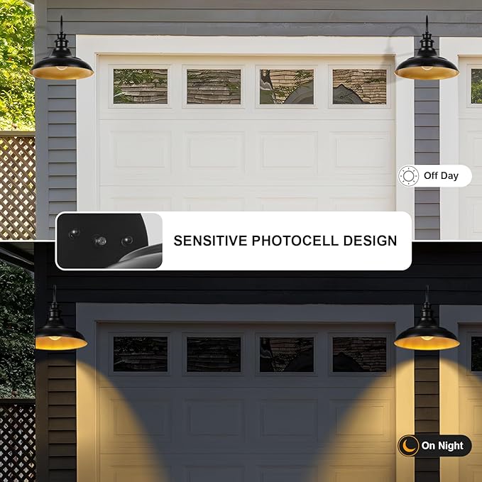 Dusk to Dawn Sensor Outdoor Barn Light Fixture, 16 Inch Dome Farmhouse Outdoor Wall Sconce, Exterior Wall Mount Light, Industrial Black Gold Wall Lantern for Porch, Garage, Shed,1 Pack