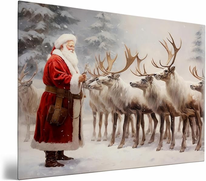Santa Claus and Reindeer Art Print,Vintage Christmas Reindeer Wall Art,Vintage Santa Print,Vintage Reindeer Poster,Winter Wall Art,Christmas Holiday Decor12x16inch Framed Art