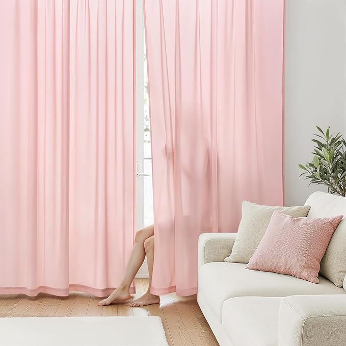 EMEMA Non-See-Through Pink Sheer Curtains, Light Filtering 108 Inch Privacy Semi Sheer Curtains for Bedroom Living Room, Window Drapes That Let Light in, 52x108 Inch, 2 Panel