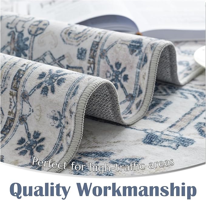 jinchan Lima Hallway Runner Rug 3x10 Washable - Vintage Floral Non Slip Low-Pile Soft Ultra-Thin Faux Wool Kitchen Rug Distressed Carpet Runner for Farmhouse Bedroom Laundry (3x10ft, Blue)