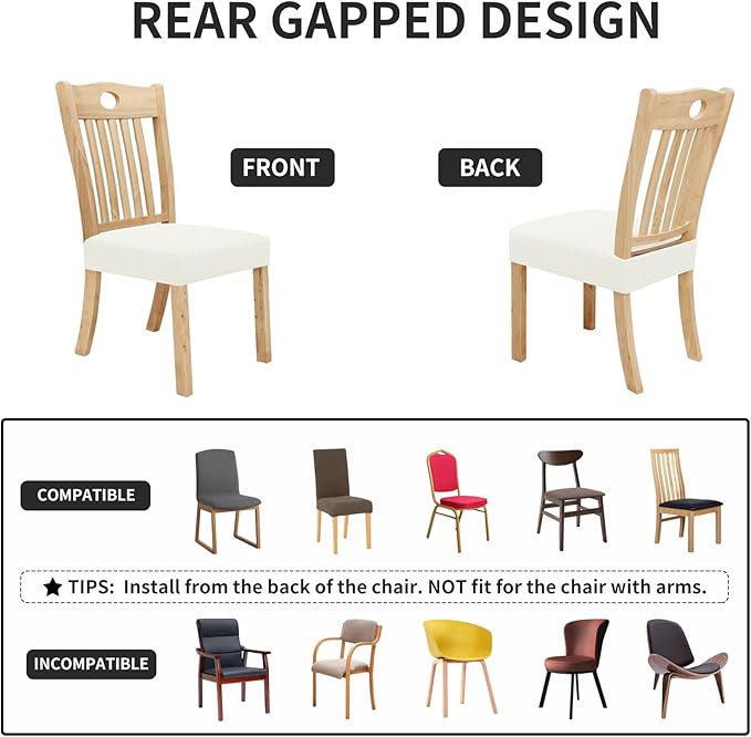 Easy-Going 100% Waterproof Seat Covers for Dining Room Chairs, Stretch Jacquard Chair Seat Slipcovers Removable and Washable Kitchen Dining Chair Covers (Set of 8, Cream)