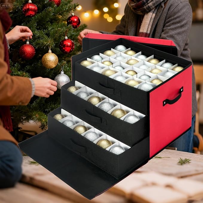 JY COOKMENT Christmas Ornament Storage Box with Adjustable Dividers, Large Holiday Ornaments Storage Container Bin with Lid for Xmas Decorations (72-3" Balls, Red, With Removable Tray)