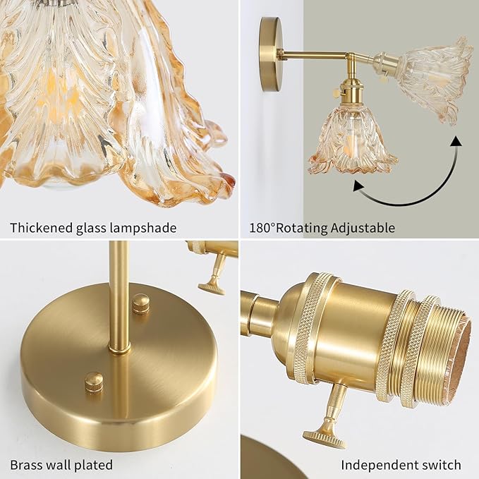 Vintage Wall Sconces Set of 2, Cabbage Amber Lampshade & 180 Degree Adjustable, Brass Wall Lights, for Bedroom Living Room Hallway Aisle, Bulbs Not Included, ETL Listed