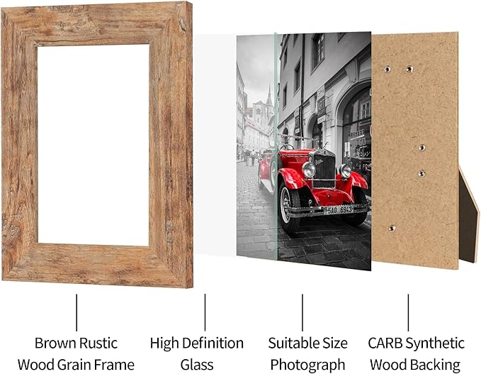iRahmen 4x6 Picture Frame Set of 4, High Definition Real Glass 4 x 6 Photo Frames for Tabletop Display and Wall Mounting (Distressed White+Oak+Rustic Brown+Black)