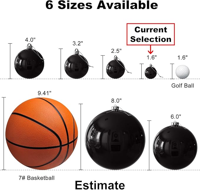 Black 1.6" Small Christmas Balls Christmas Tree Decoration Ornaments Shatterproof Hanging Balls for Birthday Halloween Holiday Wedding Decorations Set of 18pcs