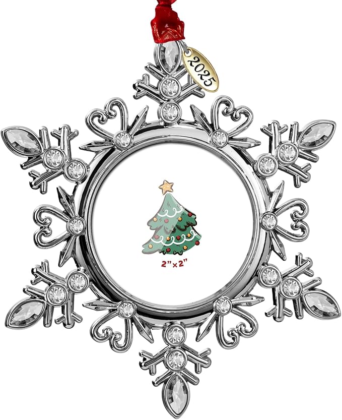 2025 Snowflake Picture Frame Christmas Ornaments 2" Metal Hanging Pendant for Tree Small Decorative Keepsake, Display Photo for Baby and Pet (Silver (2025))