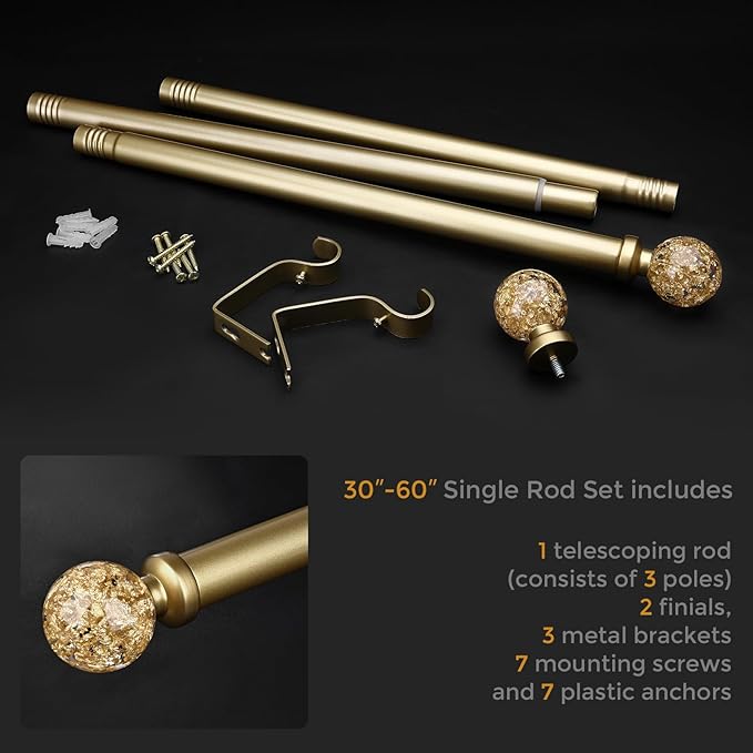 Gold Curtain Rods for Windows 28 to 48 Inch, 1'' Heavy Duty Adjustable Drapery Rod with Unique Crystal Ball Finials, Modern Decorative Curtain Rod,Size; 30-60''
