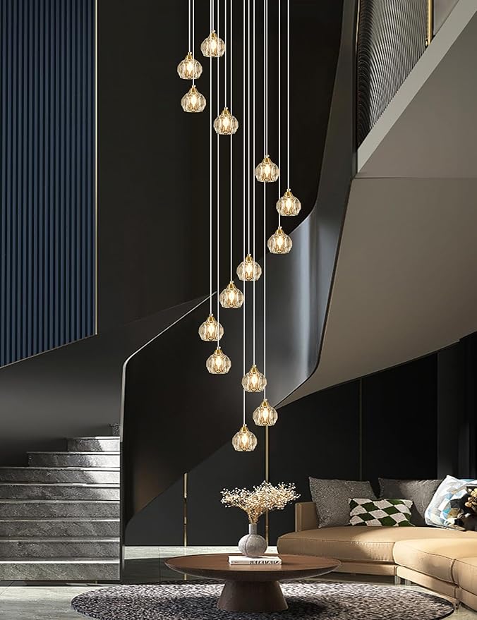 Crystal Chandeliers for Staircases, 14-Light Gold Modern Chandeliers for High Ceilings，Crystal Pendant Light Fixture for Living Room Kitchen Island Foyer Hallway Bar