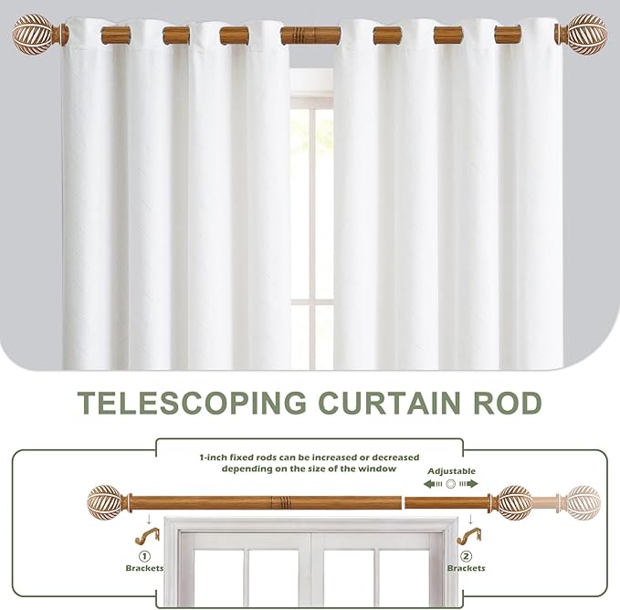 2 Pack Wood Curtain Rods 28 to 48 Inch,1 Inch Boho Adjustable Curtain Rod,Imitation Wood Grain Leaf Window Curtains Rods,Farmhouse Rustic Heavy Duty Drapery Poles,Brown Drapery Rods Set 18-45"