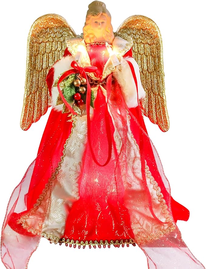 Angel Christmas Tree Topper with Lights, Red & Gold Angel, Lighted Vintage Christmas Tree Topper Decorations Holiday Home Office