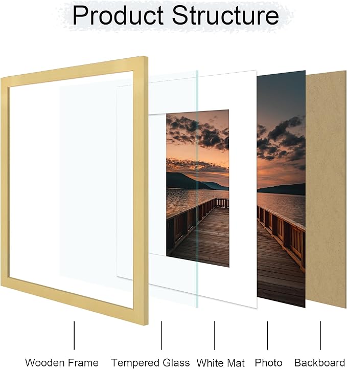 16x20 Poster Frame Set of 2, 16 x 20 Wood Picture Frames with Mat for 11x14, Wooden Photo Frame with Tempered Glass Cover for Wall Mounting Display, Gold